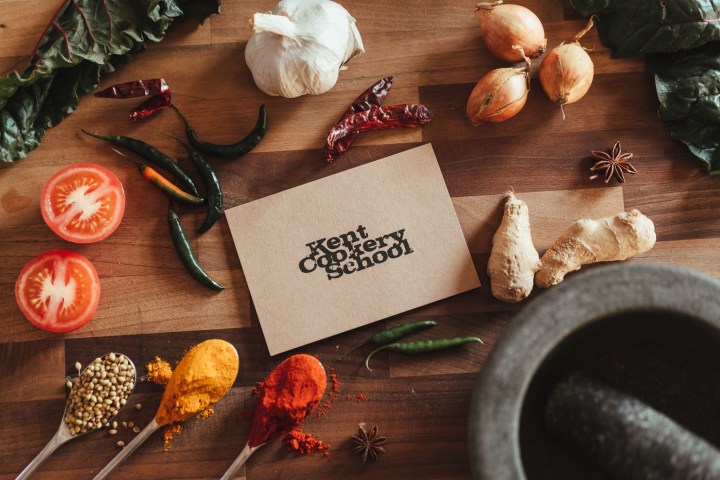 a close up of food and a sign on a table
